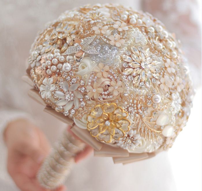 Champagne Gold Wedding Bouquet Beads Pearl Rhinestone Bouquet