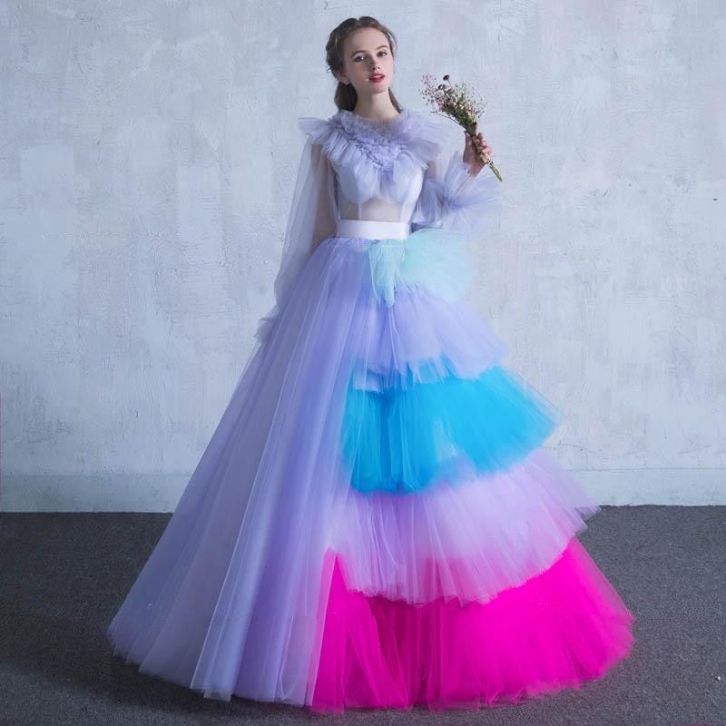 Arco Iris Do Vintage De Manga Comprida Prom Dresses Ido Puffy Tiered Tulle Mulheres Vestido De Noite Jewel A Linha Ate O Chao Formal Vestidos De Festa De Everhill 1 328 84 Pt Dhgate Com