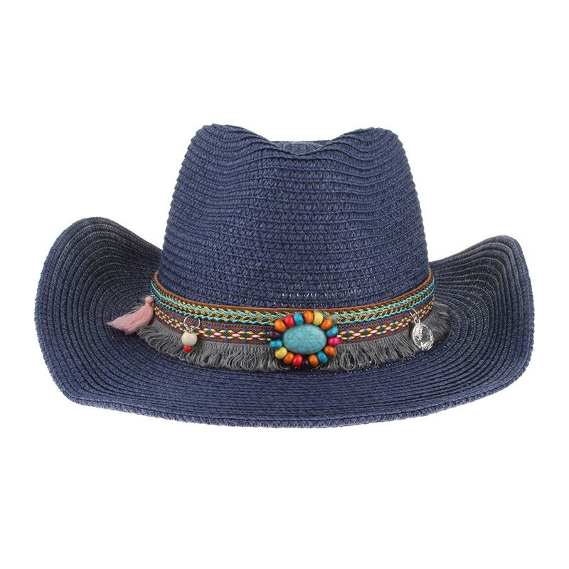 ANNEELA Ethnic Handmade Knitted Straw Hat Women Men Hats Western Cowboy Hat Jazz Church 