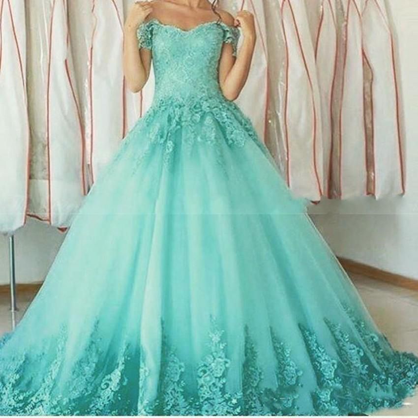 Mint Green Quinceanera Dresses 2018 Off Shoulder Applique Lace Prom