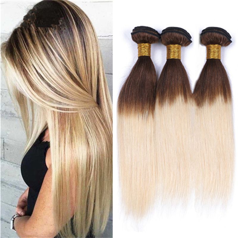 Silky Straight Brown Roots Blonde Hair 3 Bundles Two Tone 4 613