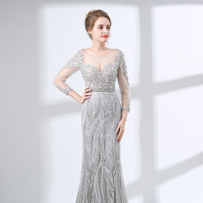 silver long sleeve gown