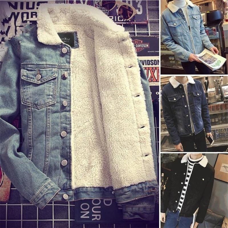 Mens Western Vintage Fleece Jacket Fur Lining Coat Jean Denim Fashion