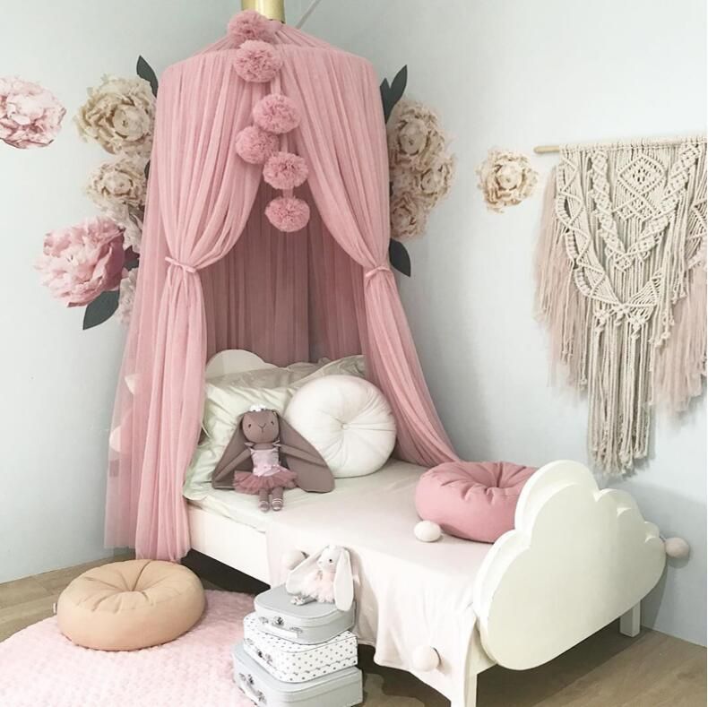 2019 Ins Pink Baby Crib Tents With Pom Poms Bed Curtain Hung Dome