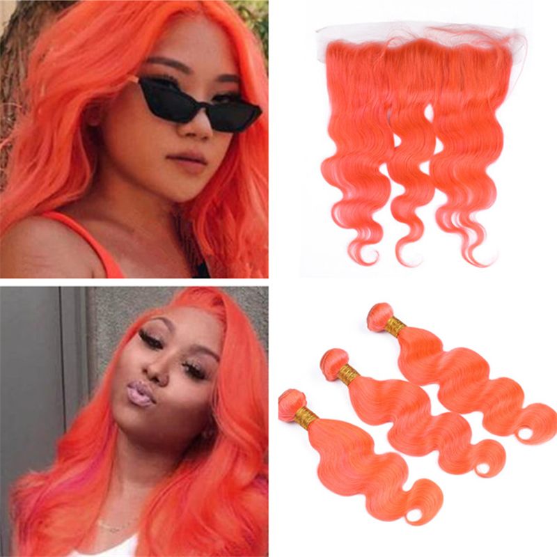 2019 3 Bundles Orange Human Hair Weave With Full Lace Frontal
