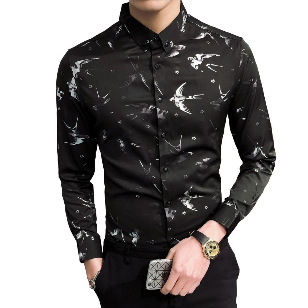 2018 moda estampado flores para hombre camisas camisa clásica manga larga para Slim