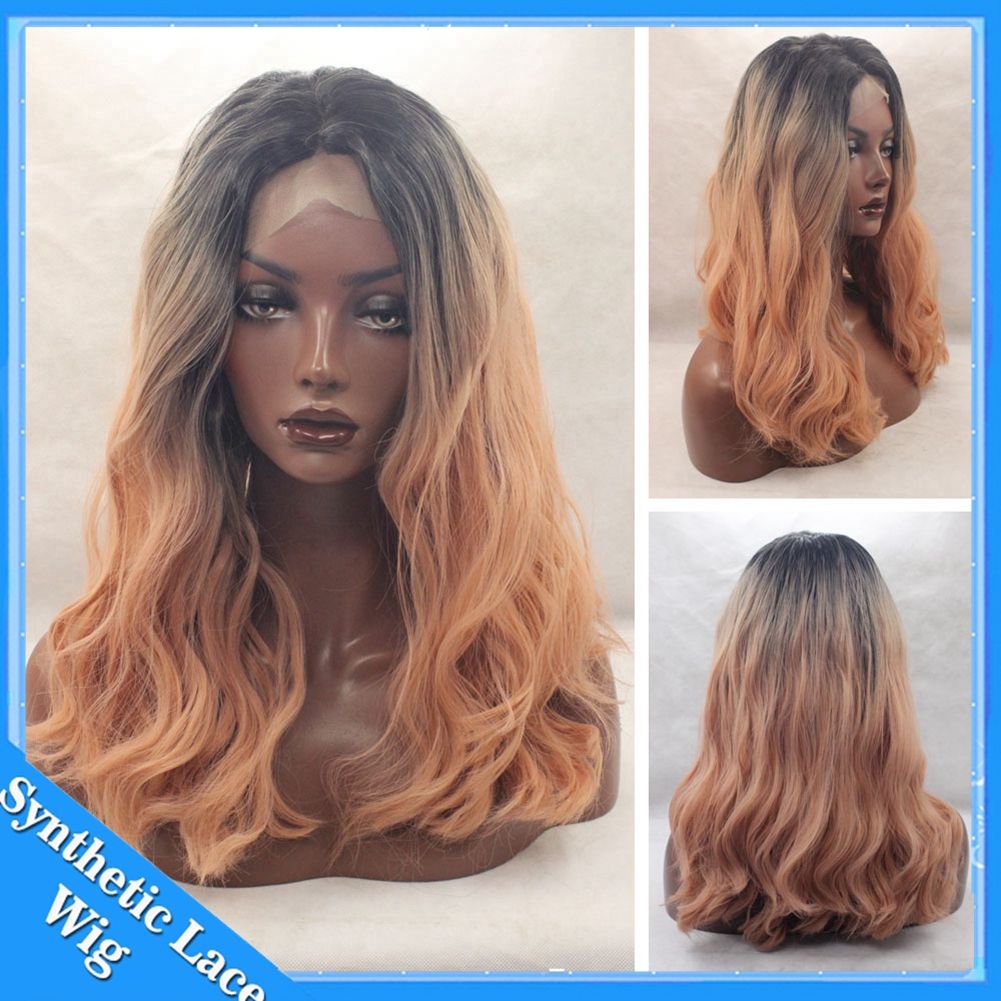 Peach Pink Ombre Synthetic Hair Pink Natural Wave Lace Front Wig