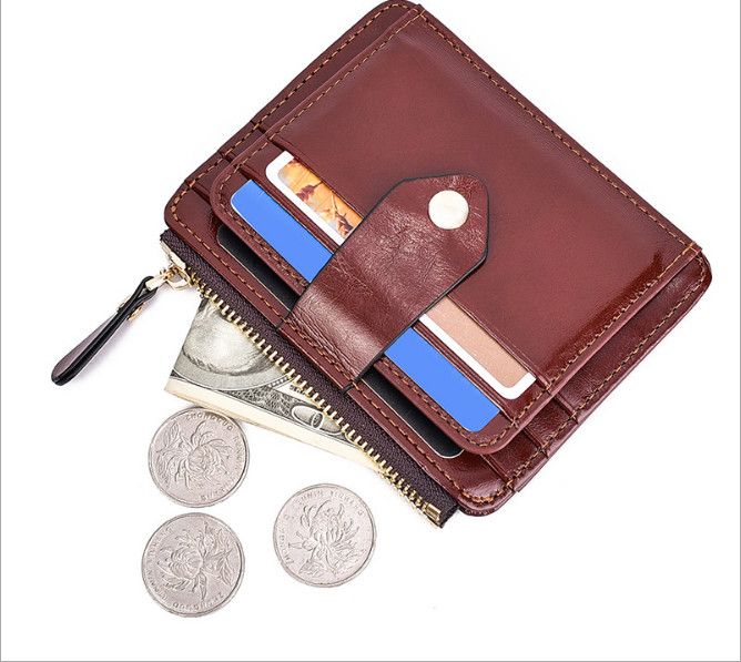 Bifold Genuine Leather Reddish Brown Plain Compact Wallet with Card Window