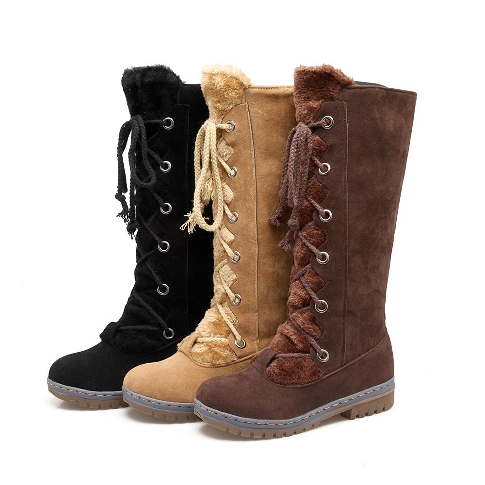 Womens Classic Lace Mid-Calf Flat Fur Short Snow Boot Winter Shoes for Sport Warm