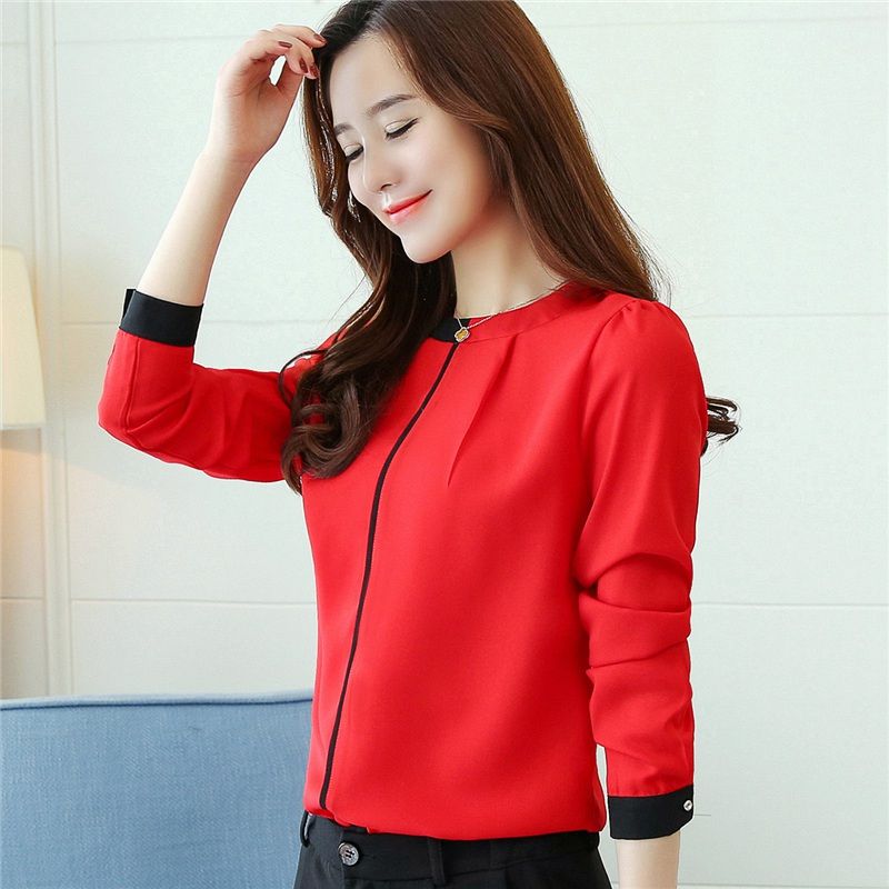 2018 Blusas rojas para mujer Moda Otoño Invierno Camisas de gasa OL Manga larga Blusas