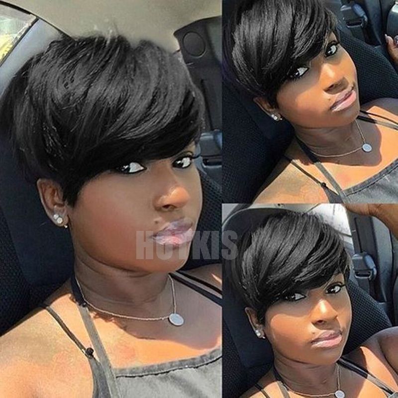 Hotkis 100 Human Hair Layered Short Cut Wigs Black Hair Short Bob