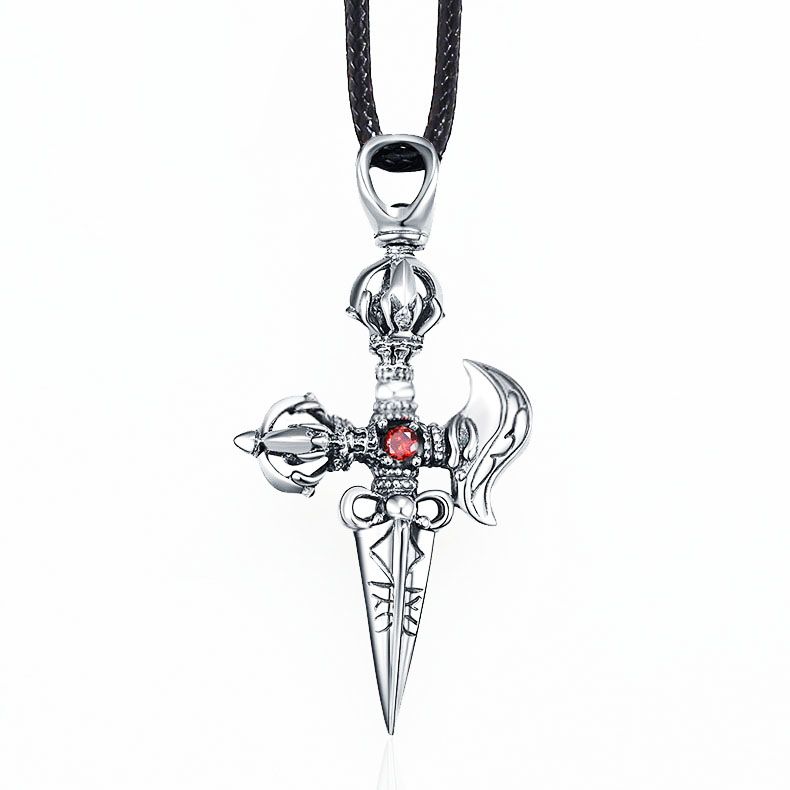 Vintage Tibetan Silver Cross Ruby Drop 