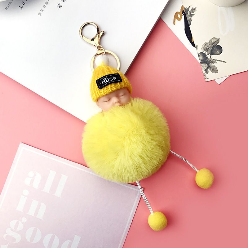 Cute Sleeping Baby Plush Doll Keychain Pompom Rabbit Fur Ball Key Chain