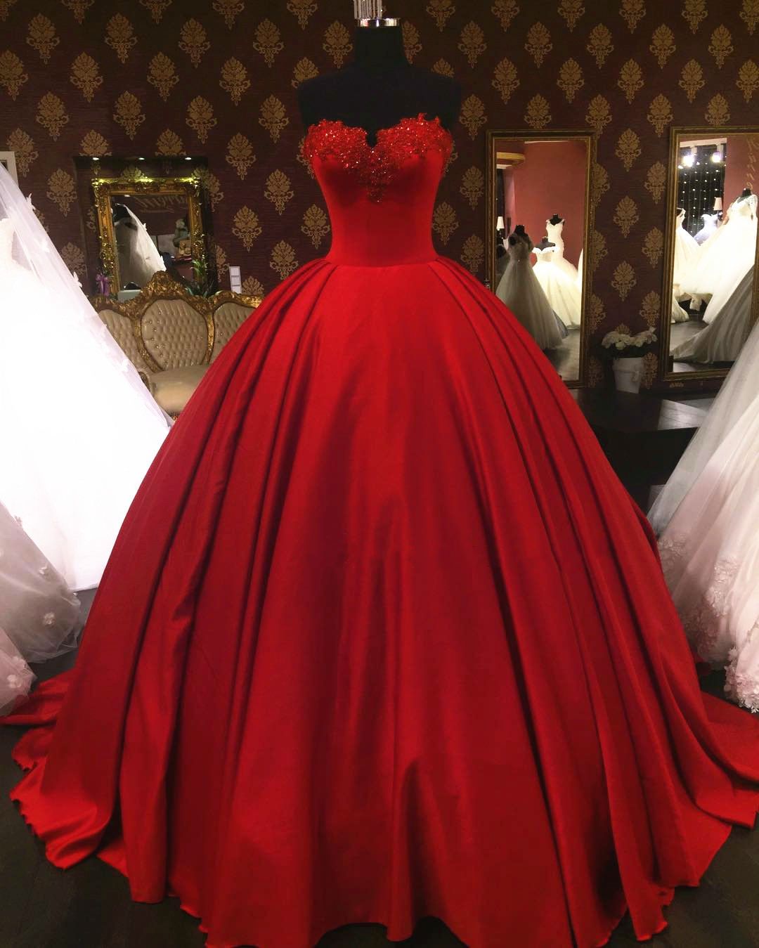 red lace ball gown prom dress