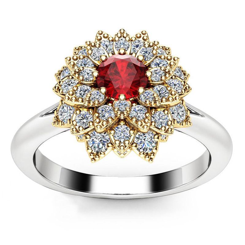Small Flower Ring Cluster Created Pink CZ Crystals 14k Yellow Gold