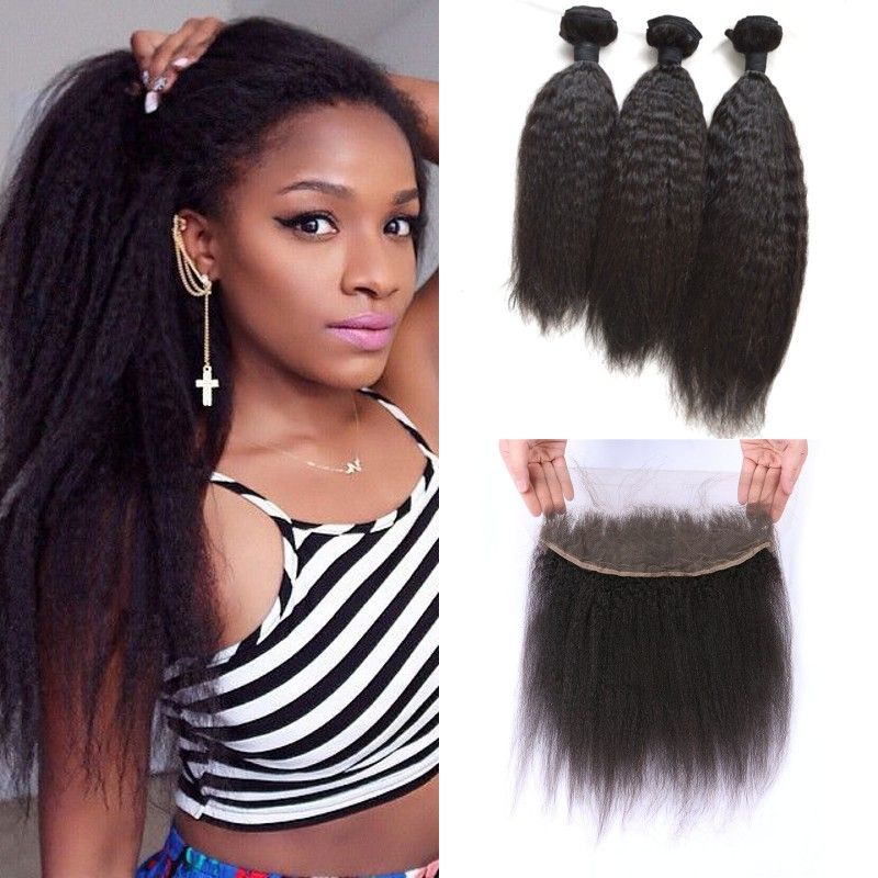 Frontal Lace Closure With 3 Hair Bundles Virgin Peruvian Kinky Straight Human Hair Weaves 8 30inch No Shedding Weft Weave Hair Extensions Human Hair