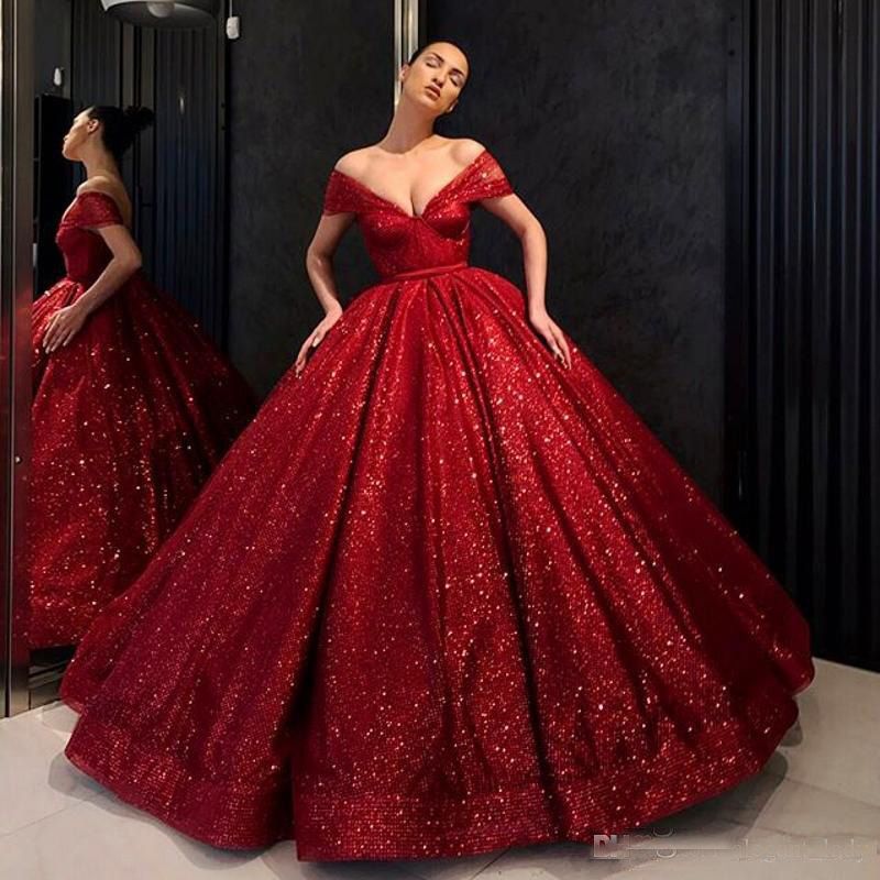 Red Sequin Ball Gown Prom Dresses 