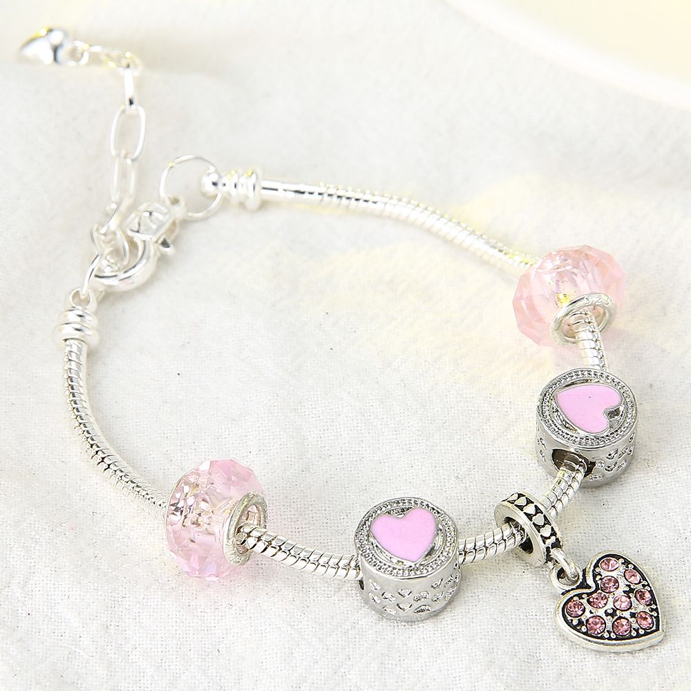 Crystal Heart Gold Color Charm Bracelet For Girl Glass Beads Bracelet For Women DIY Jewelry Gift Rose Gold Color 21cm 