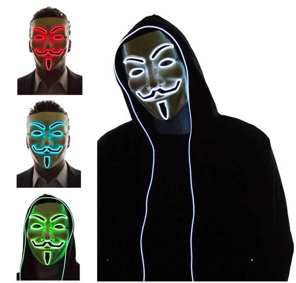 LED Light Up ANONYMOUS MASK Halloween Vendetta Fancy Dress Guy Fawkes Costume