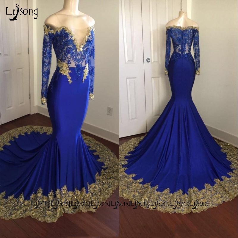 Sexual Royal Blue Gold Lace Prom Maxi Gown Sheer Party Wear Long