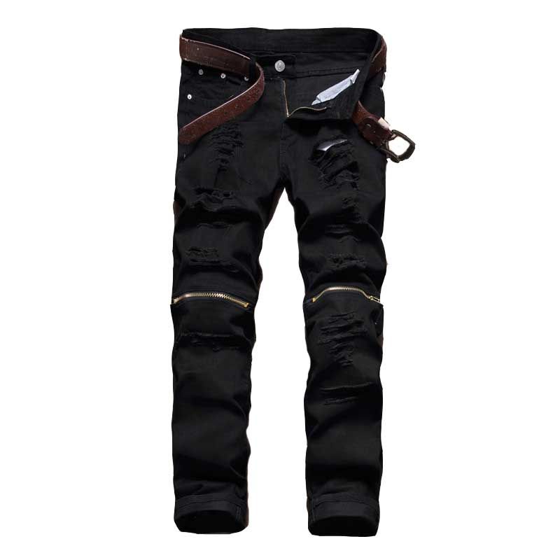 Compra 2018 Vaqueros Hombre Negro Blanco Rojo Cremallera Agujero De La  Rodilla Bikista Jeans Hombres Marca Recta Recta Destroyed Torn Jean  Pantalones Para Hombre Homme Barato | Entrega Rápida Y Calidad | Es.Dhgate