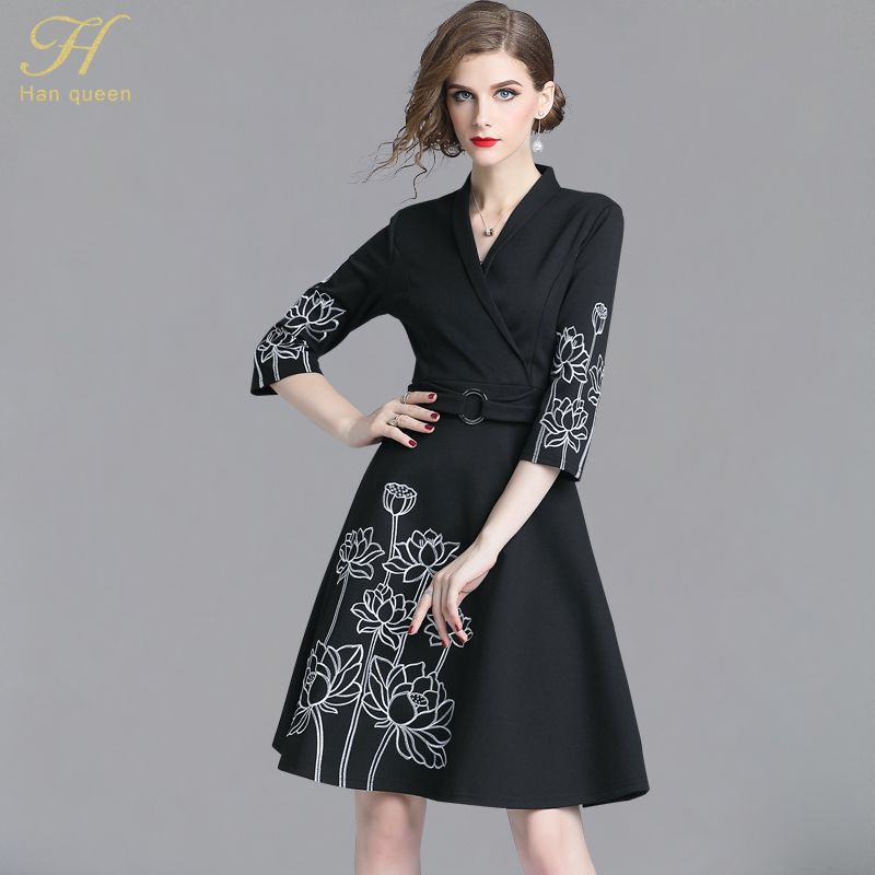 Compre H Han Reina Nuevos 2018 Vestidos De Negro Vestido De Las Mujeres Del Otoño Floral Bordado Vestidos Trabajo Del Partido Oficina Delgado Casual Vintage A 40,1 € Del Buttonline | DHgate.Com