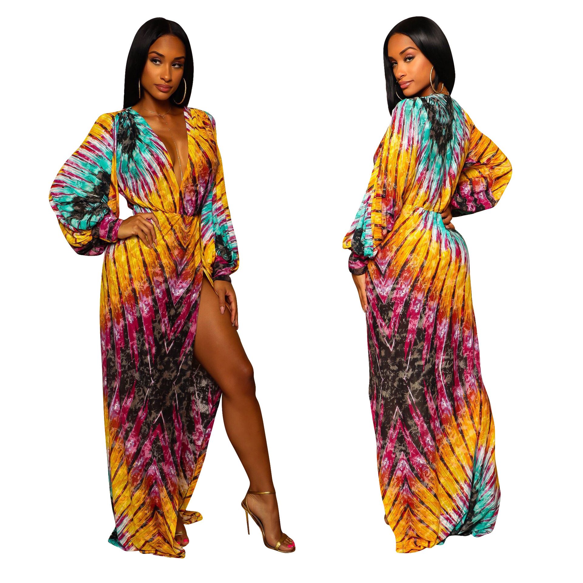 multicolor long sleeve maxi dress