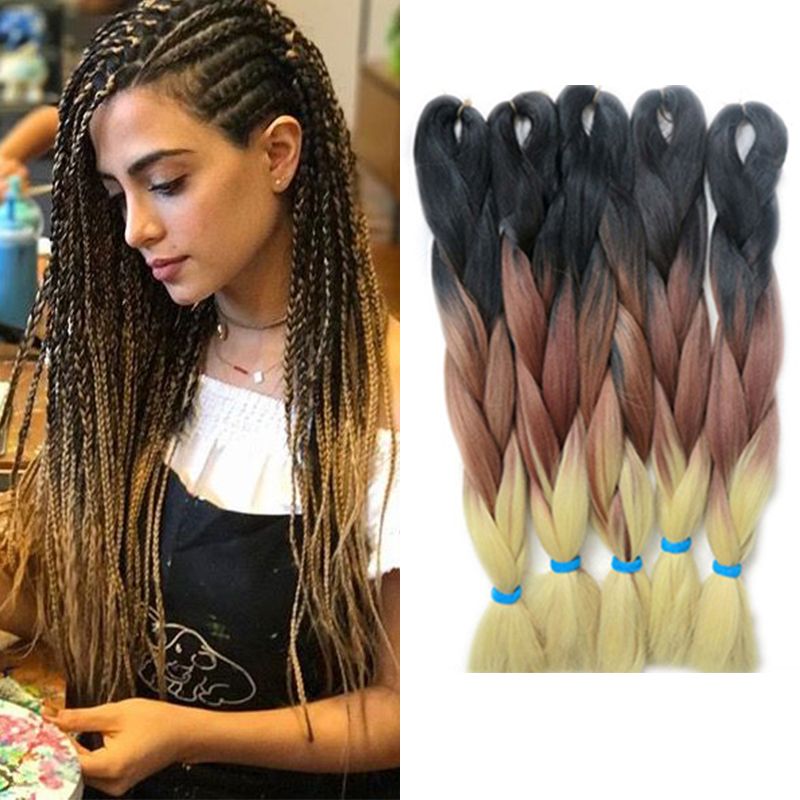 Kanekalon Braiding Hair Dark Brown Color 27 Three Tone Ombre Braiding Hair For Box Braids High Temperature Fiber Crochet Twist 24 Inch 100g Bulk