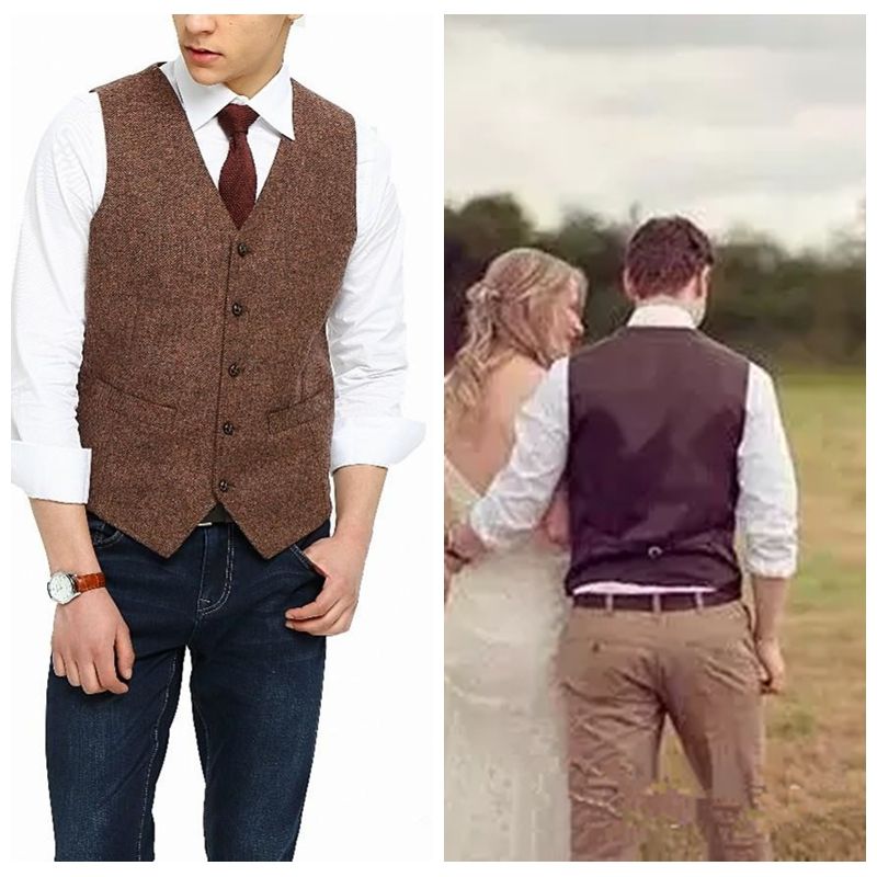 England Style Farm Brown Wool Herringbone Tweed Men Vests Custom