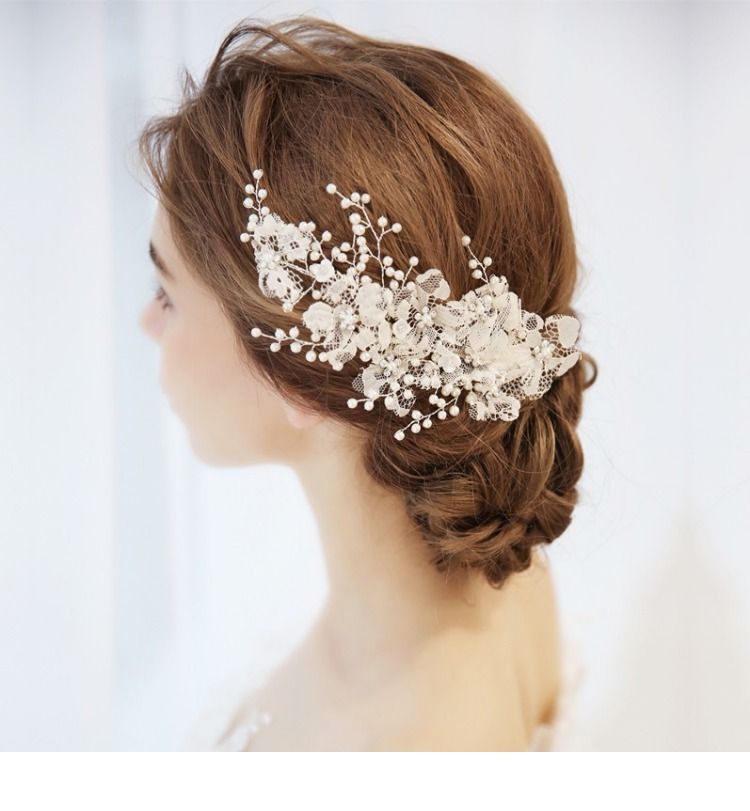 White Lace Pearl Wedding Hair Jewelry Accessories For Women Cute