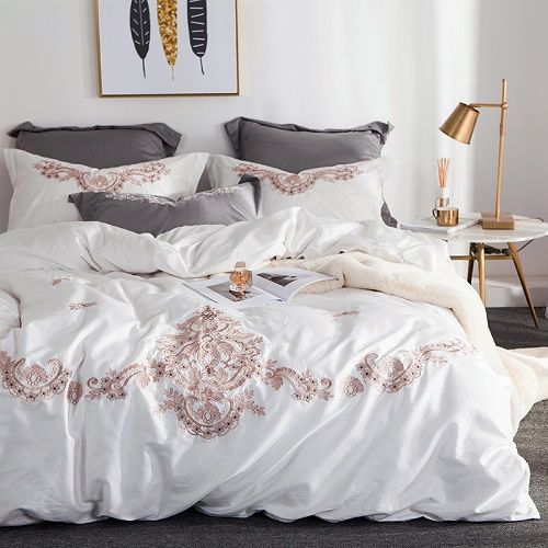 European Satin White Pink Grey Embroidery 60s Egyptian Cotton