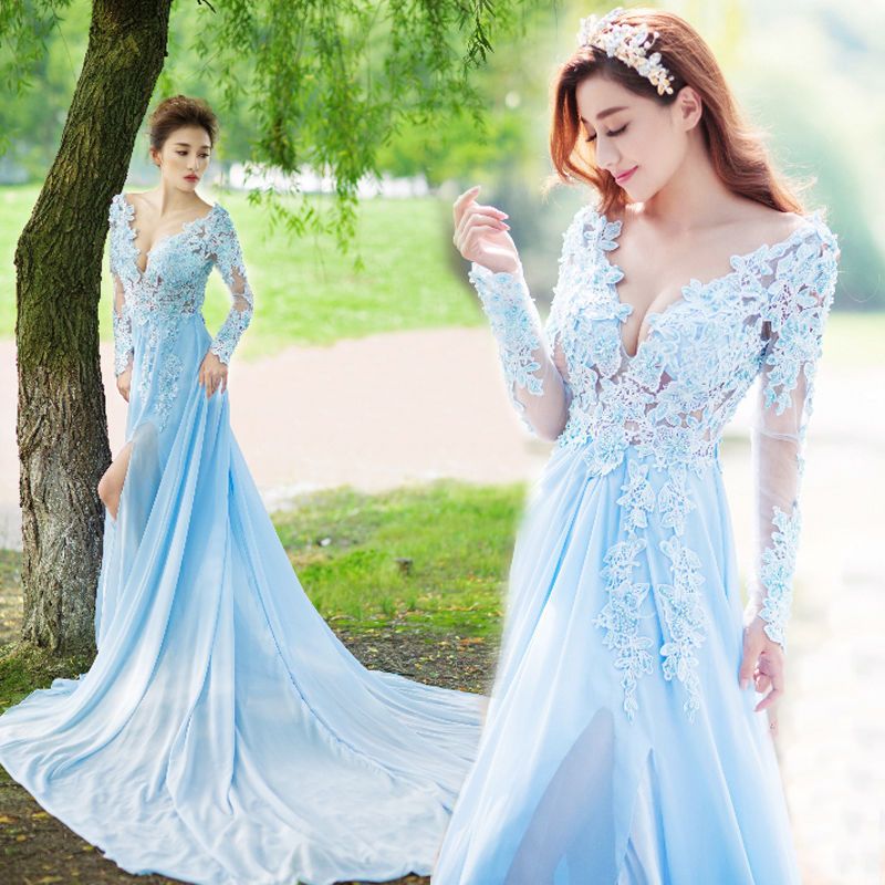 light blue lace long sleeve dress