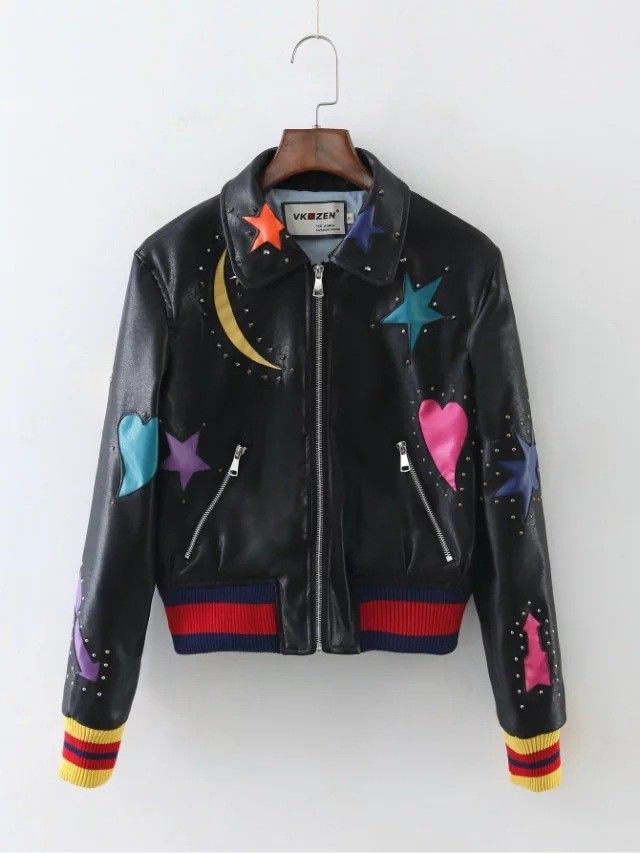 Winter 100 Pu Leather Punk Jacket Moon Star Love Patch Rib Sleeve - Leather Jacket With Patches Womens Winter 100 Pu Leather Punk Jacket Moon Star Love Patch Rib Sleeve - Leather Jacket With Patches Womens