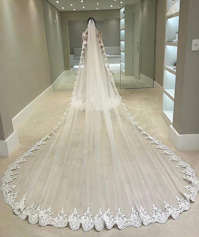 Beiqian Cathedral Length Lace Appliques 1 Tier Wedding Bridal Veil with Comb
