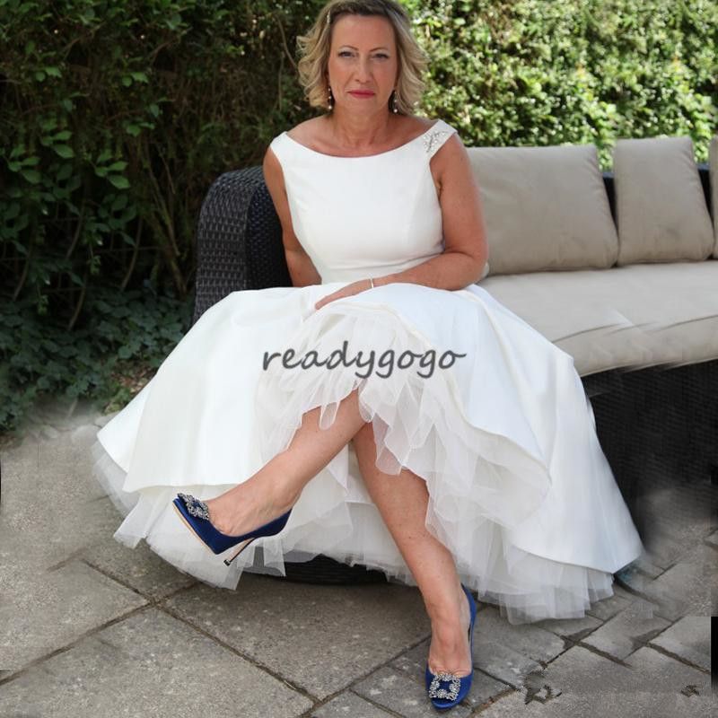 white satin tea length dress