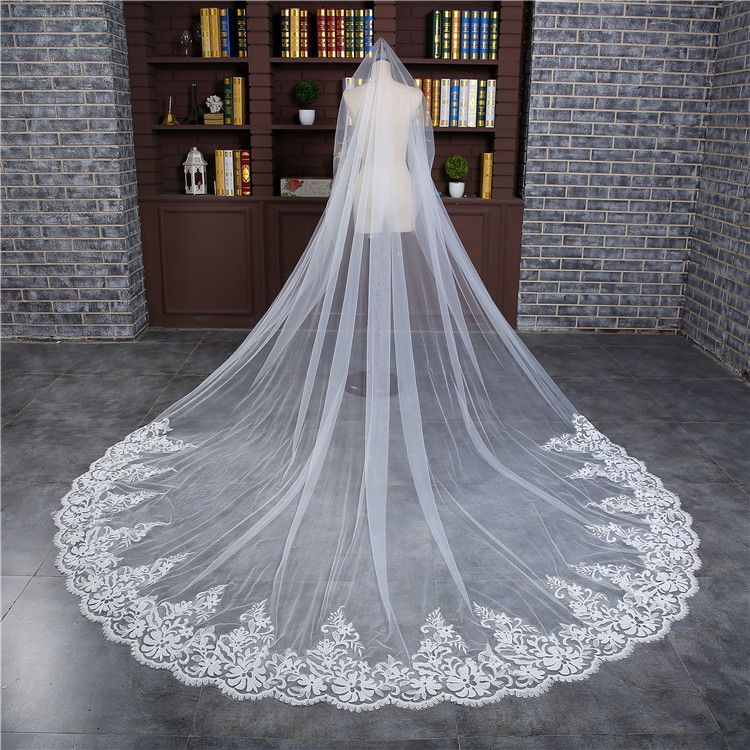 3 Meters Chapel Length Bridal Wedding Veils Ivory Lace Edge With