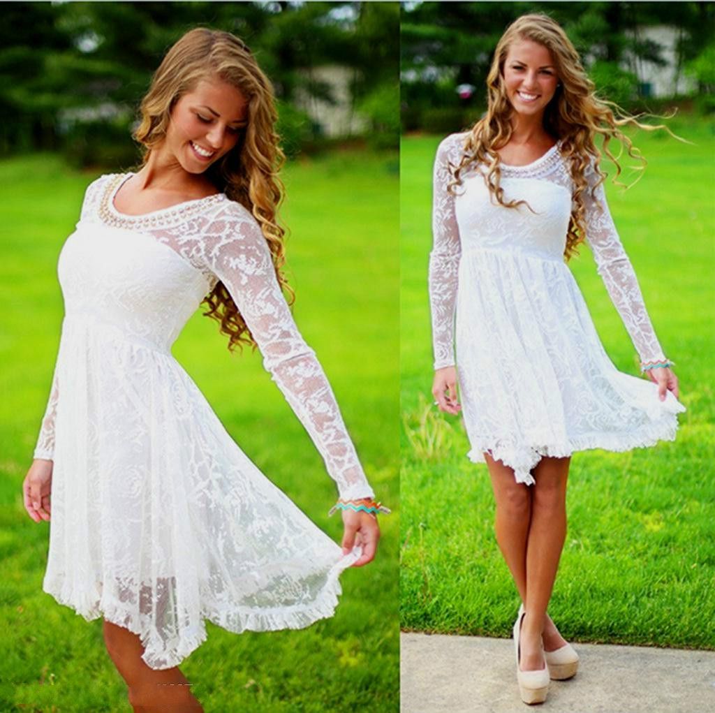 Short Mini White Ivory Country Lace Chiffon Beach Wedding Dresses Bridal Gowns 