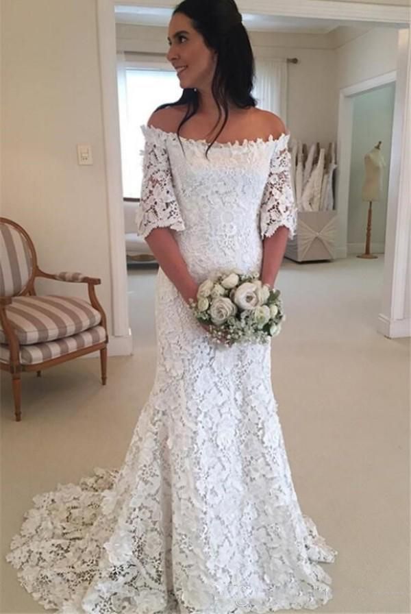 Acquistare Abiti Da Sposa A Spalla Full Merletto Mezza Manica Lunga Sirena  Abiti Da Sposa Sweep Treno Zipper Back Wedding Vestidos 2019 Economico |  Consegna Veloce E Qualità | DHgate Italy
