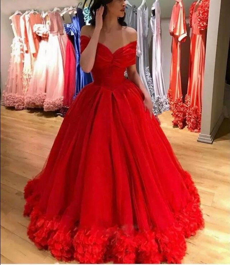 Puffy Tulle Red Prom Dresses Long 
