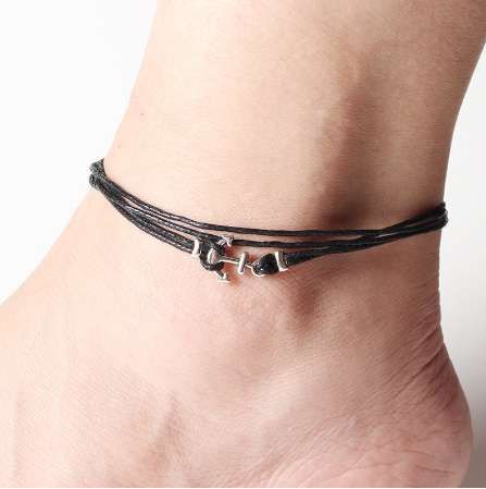 MFNFYH Multi Layer Black Wax Rope Tobillera Sandalias Descalzas Joyería Cadena de Vintage Plata