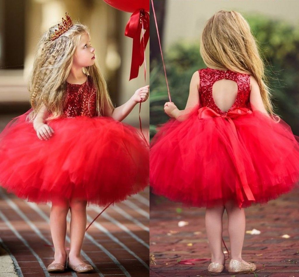 Lentejuelas de tul tutú rojo Vestidos de niñas de flores Hasta la rodilla de