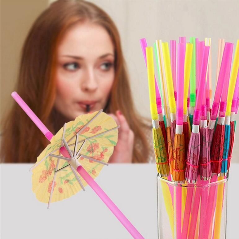 Mixed Color Tropical Umbrella Parasol Cocktail Straws Disposable