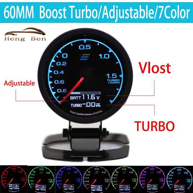 62mm//2.5/" 7Light Color LCD Display Car Turbo Boost Vacuum Gauge w// Voltage Meter