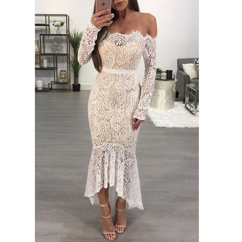 Grosshandel Selbst Duna 18 Fruhling Sommer Weiss Spitze Langes Kleid Schulterfrei Kleider Sexy Slash Neck Langarm Frauen Maxi Club Party Kleid Von Yonnie 18 12 Auf De Dhgate Com Dhgate