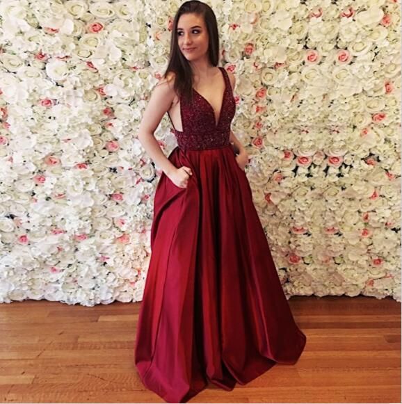 burgundy v neck prom dress