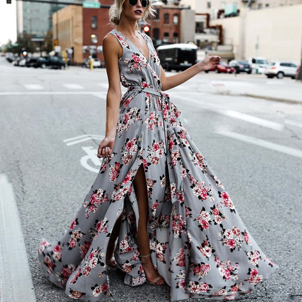 deep v neck floral maxi dress