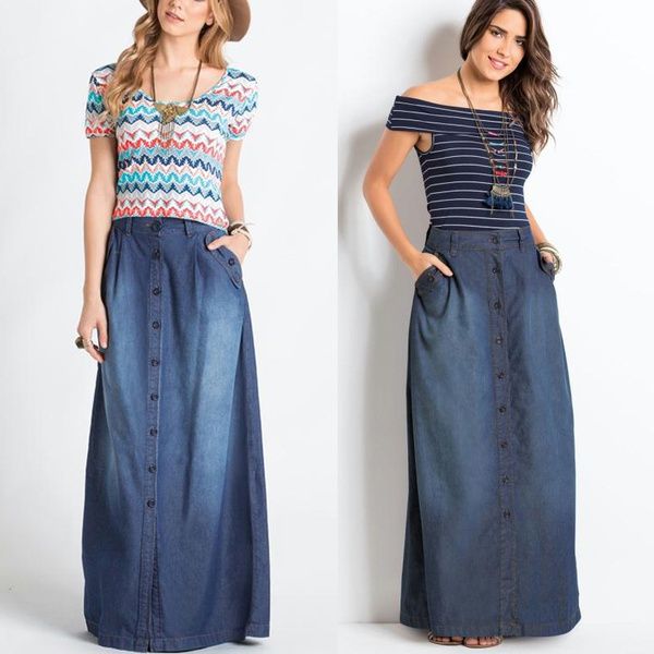 Acquistare Gonna Lunga Con Bottoni Sul Davanti Con Bottoni E Bottoni Blu  Jeans Moda Donna Economico | Consegna Veloce E Qualità | DHgate Italy
