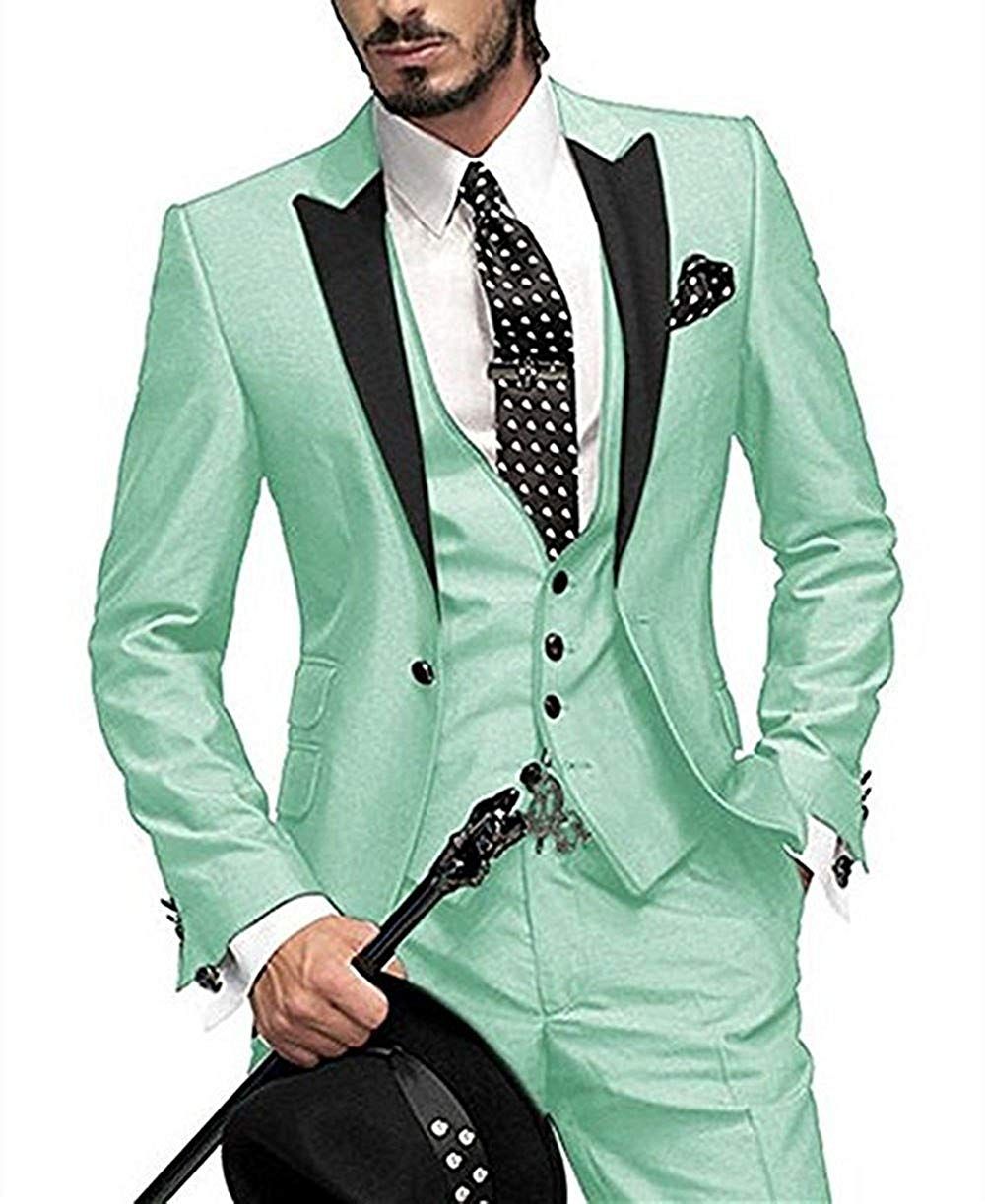 Modig mintgröna män passar brudgummen Tuxedos One Knapp Blazer Slim Fit 3 stycken Peaked Lapel Formell Prom Bästa Men kostym (Jacka + Byxor + Vest)