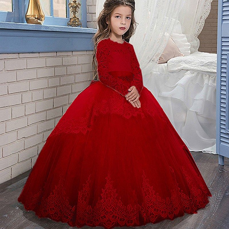 Desfile Vestido Princesa Rojo De Manga Larga De Niña Flores Para La