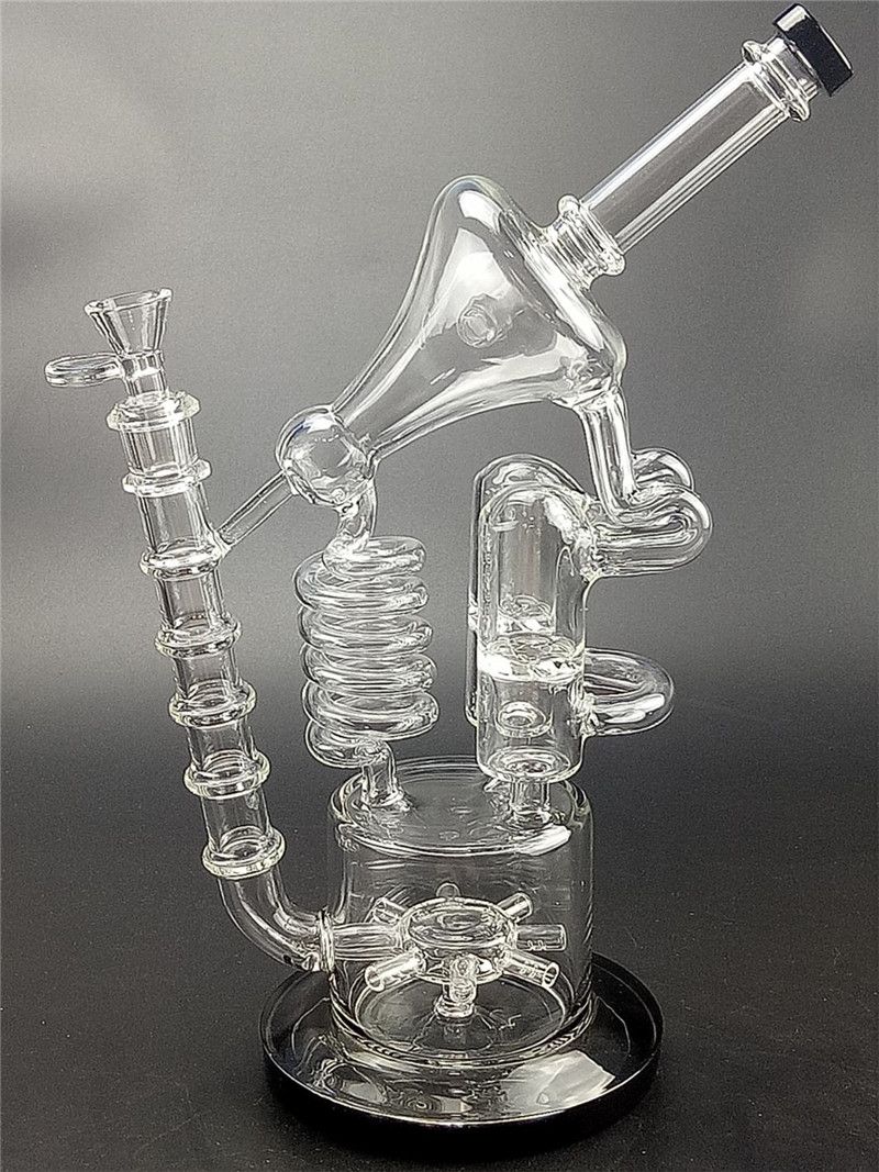 2020 Double Recycler Glass Water Bong 34cm Height With Honeycomb Perc